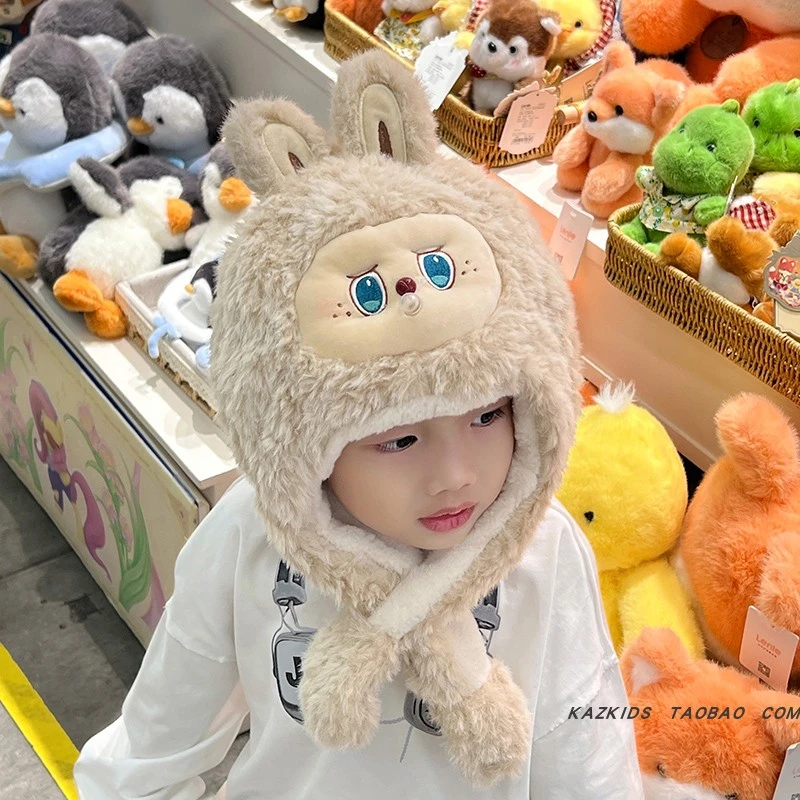 儿童帽子男童秋冬新款捏捏吐泡泡会叫女孩冬季加绒保暖卡通护耳帽