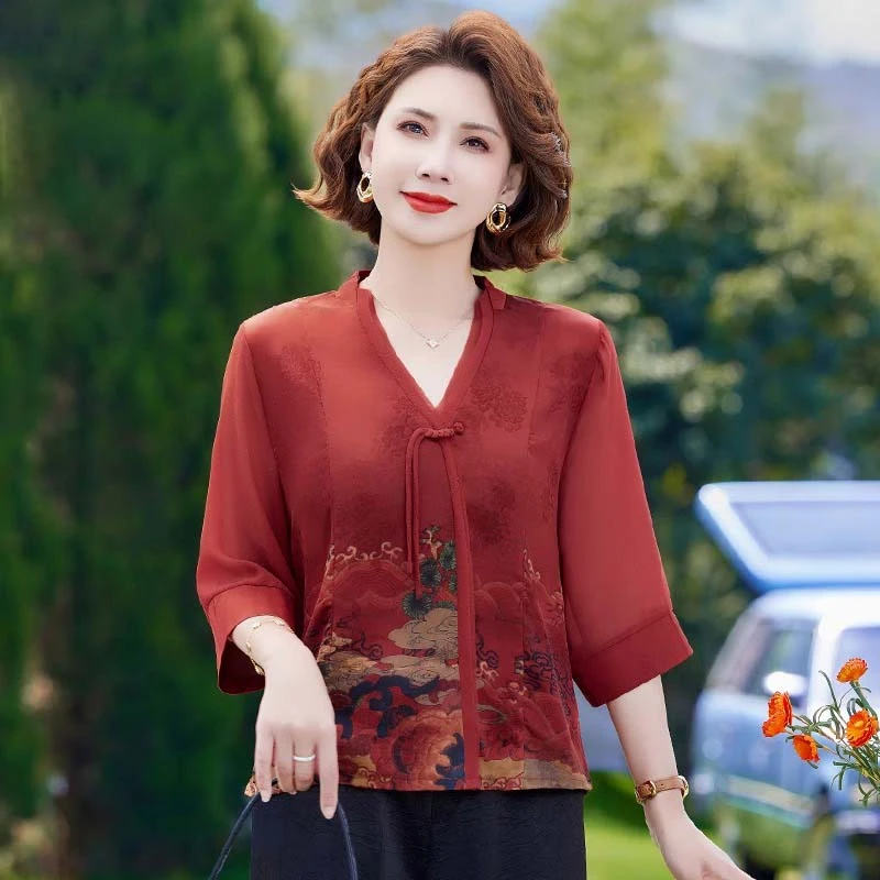 母亲节洋气衣服中式国风套装小衫洋气中老年女装夏季凉爽上衣衬衫