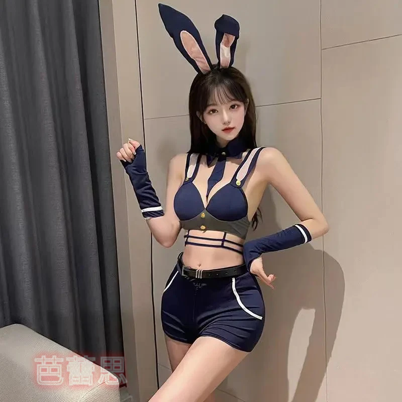 欧美纯欲显瘦兔女郎性感制服兔耳肩带包臀巡查官警官辣妹COS睡衣