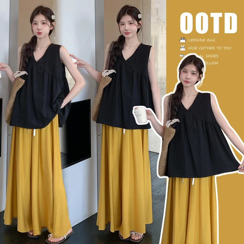 { 糕糕 }孕妇装2025夏季新款简约气质无袖V领背心＋阔腿裤套装