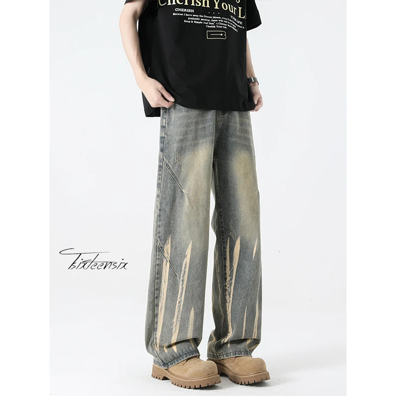 2025新款美式水洗做旧扎染牛仔裤男款褶皱弯刀阔腿裤宽松休闲长裤