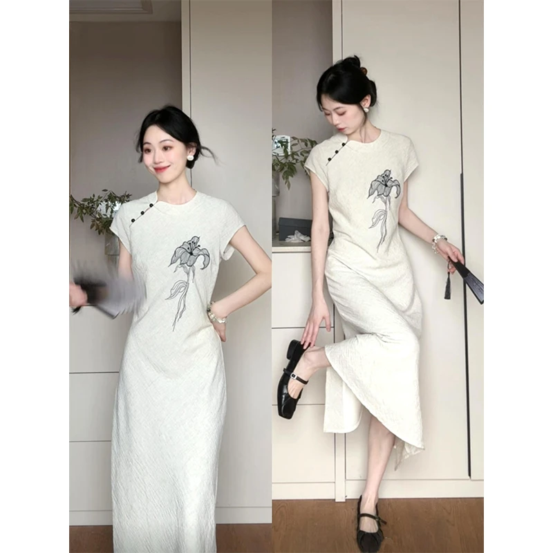 parkyeon新中式国风短袖旗袍连衣裙女夏季新款气质高级感长裙子