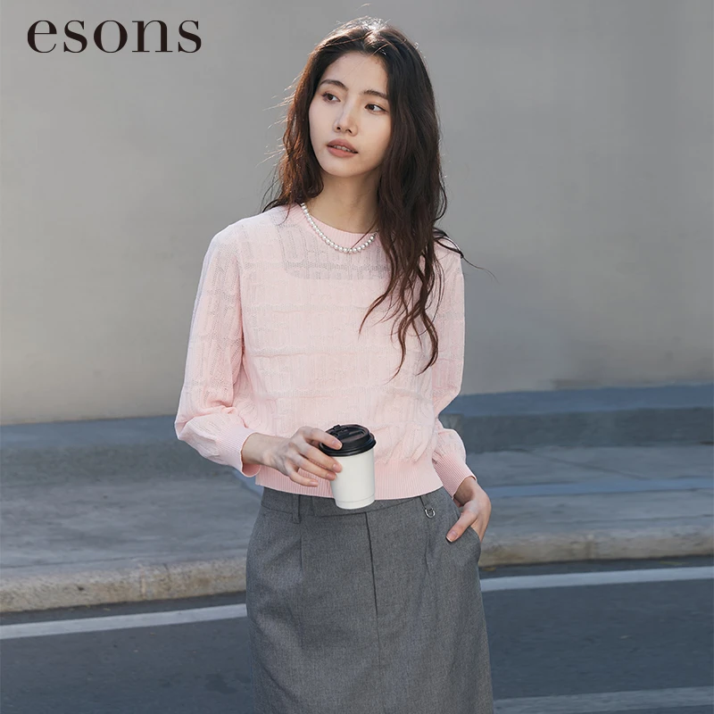 esons/爱城市【商场同款】圆领套头镂空长袖针织毛衫36281490