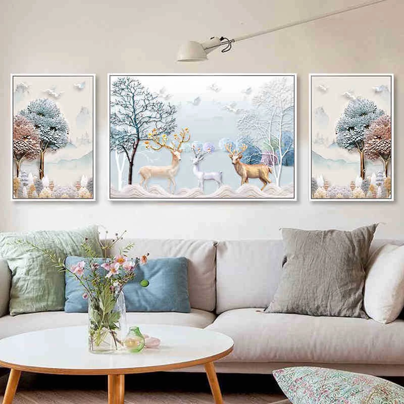 欧式发财麋鹿三联画钻石画满钻沙发背景墙客厅装饰画手工diy点钻