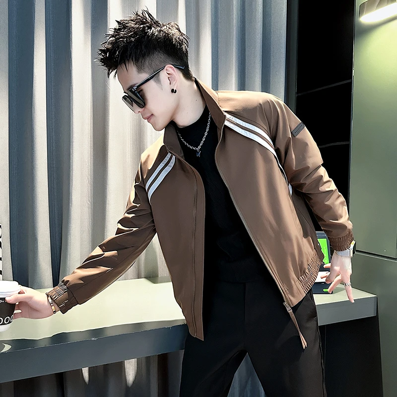 条纹拼接外套男款春秋2025新款网红洋气炸街高级男装爆款立领夹克