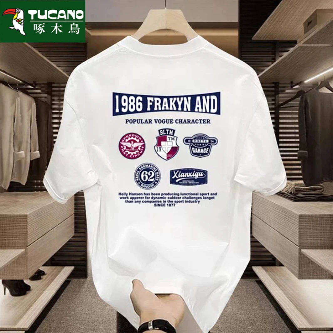 啄木鸟重磅纯棉短袖T恤男士夏季新款2025爆款休闲时尚印花圆领T恤