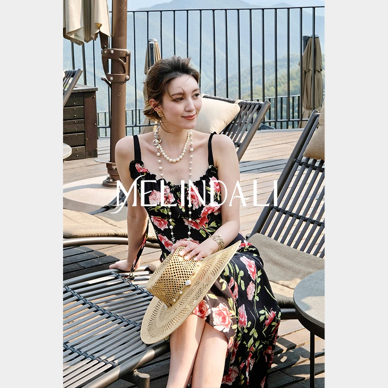 Melinda Li【夜莺玫瑰】16姆米桑蚕丝双绉红玫瑰印花系带吊带连衣裙