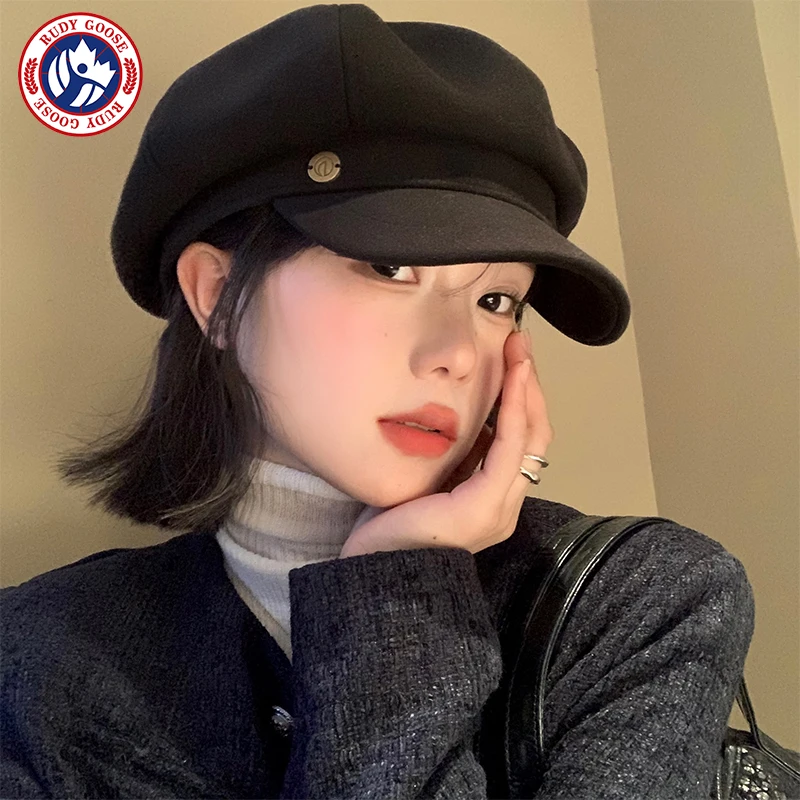 RUDY GOOSE英伦风贝雷帽女秋冬季百搭帽子复古大头围显脸小八角帽