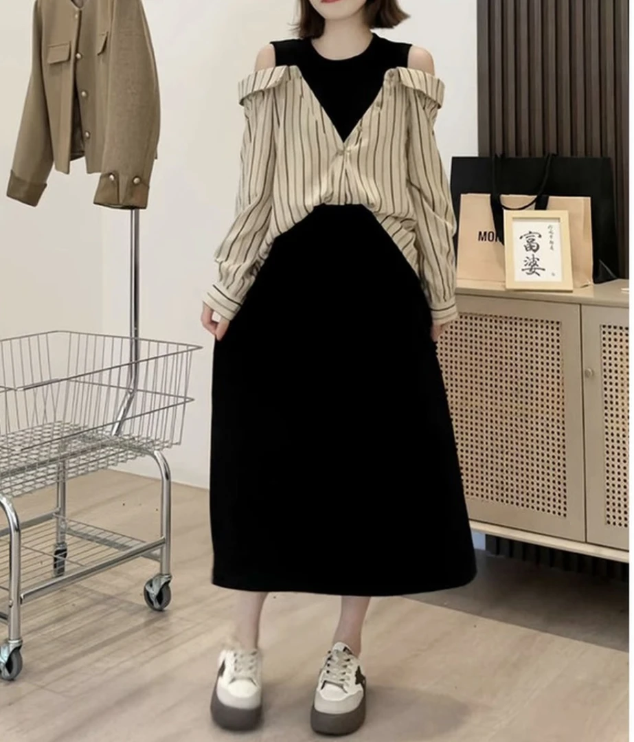 假两件斜肩长裙长袖拼接露肩大码连衣裙圆领微胖mm秋季A字裙