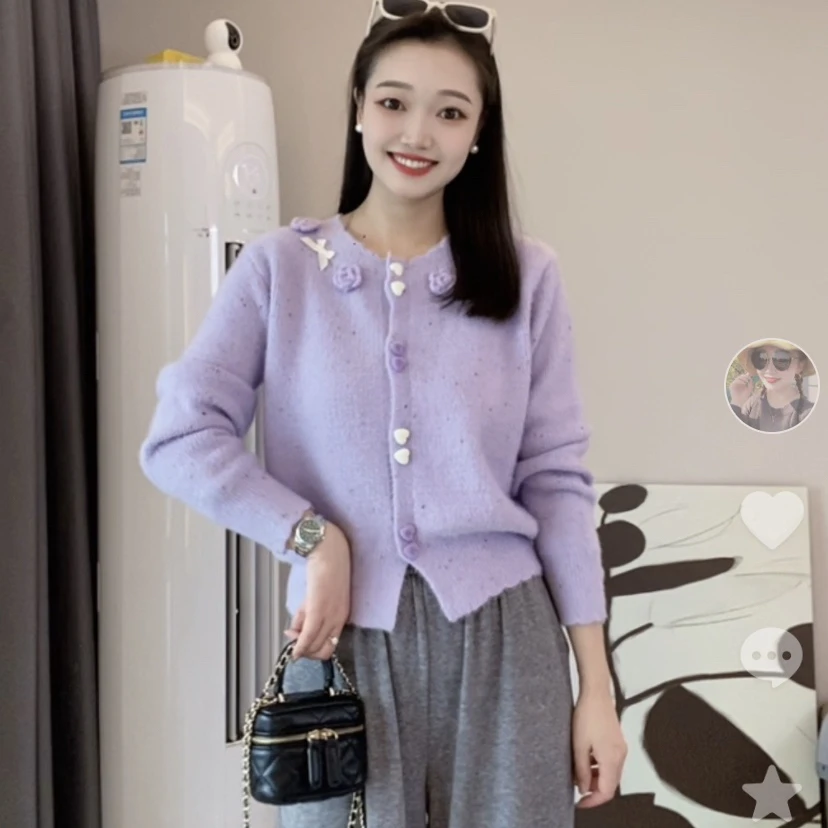 001#秋新款花朵圆领混色长袖领纯色针织开衫