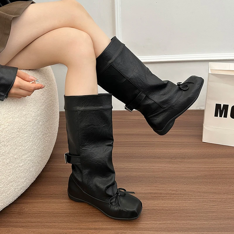 复古蝴蝶结中筒靴女2025夏季新款时尚平底设计感显瘦牛仔骑士靴子