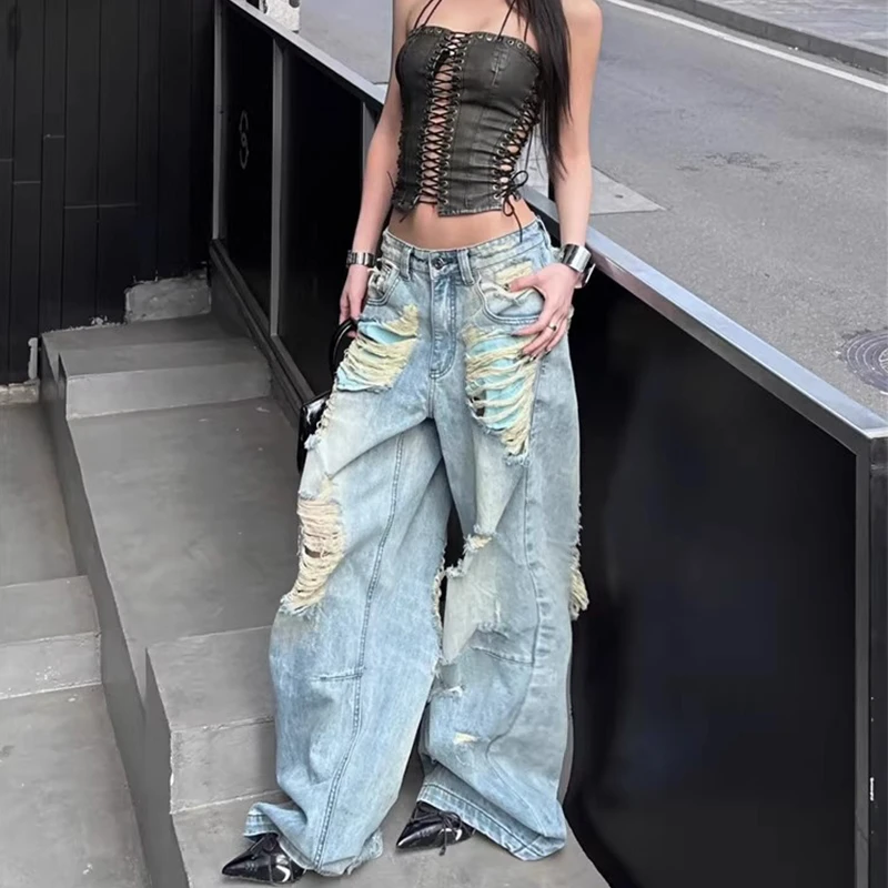 美式街头低腰阔腿破洞牛仔裤女夏季薄款宽松垂感高个子加长直筒裤