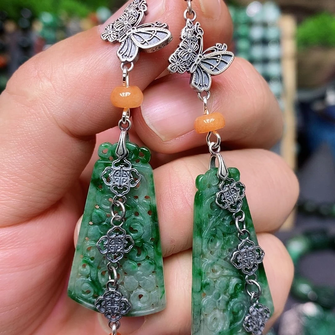 翡翠耳饰银S925镶嵌漂亮美眉