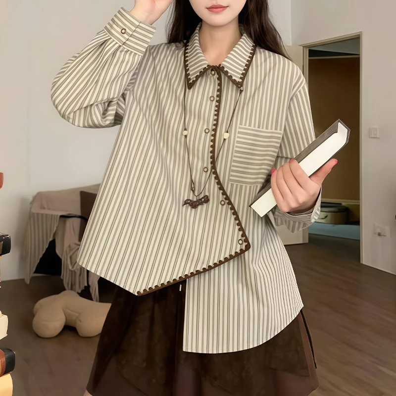 设计感法式条纹长袖衬衫女2025秋季新款高级感休闲显瘦不规则上衣