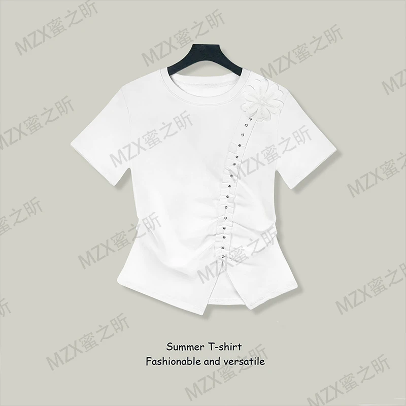 短袖T恤女2025夏季新款设计感铆钉立体花朵捏褶收腰百搭显瘦上衣