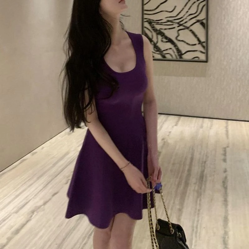 8018 紫罗兰连衣裙夏季U领无袖正肩提花冰丝透气弹力蓬蓬裙短裙女