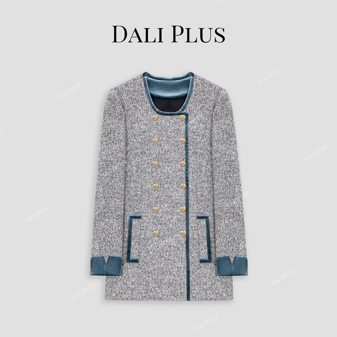 DALI PLUS法式灰拼蓝丝绒羊毛圈圈呢收腰设计鸭绒羽绒服-D4KK0184
