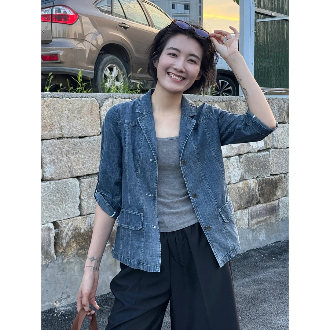 LANGQING 蓝色宽松休闲七分袖日系复古水洗牛仔外套45060#