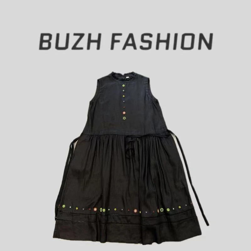 BUZH夏季新款法式复古珠串刺绣花朵抽绳收腰亚麻无袖连衣裙