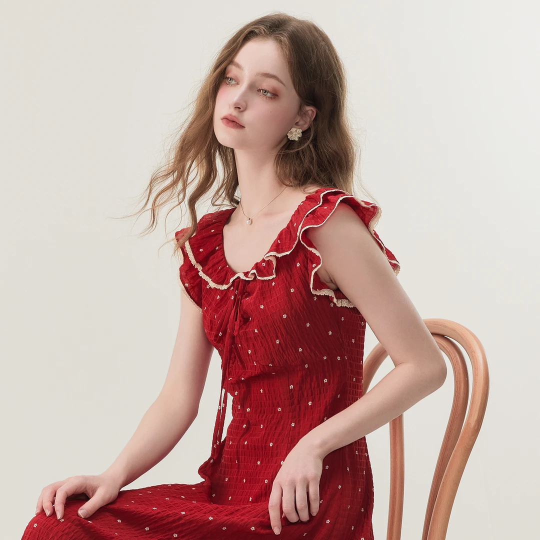 【熙地】夏季新款蕾丝洋气波点网红显瘦气质红色连衣裙 C84XD0862R