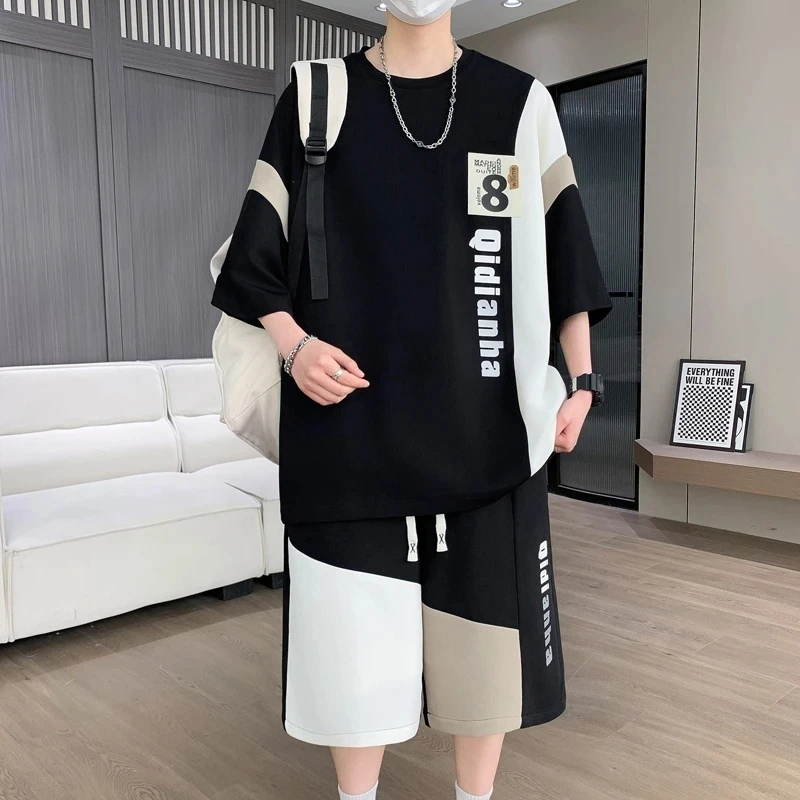 大码男装100-280斤冰丝短袖t恤男青少年夏装帅气短袖休闲运动套装