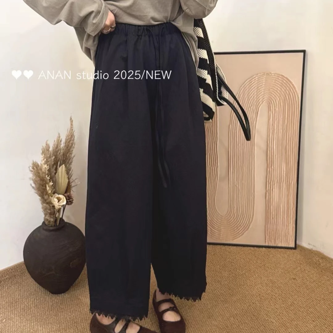 林玲~松紧腰早秋水洗棉九分睫毛裤休闲大版女裤
