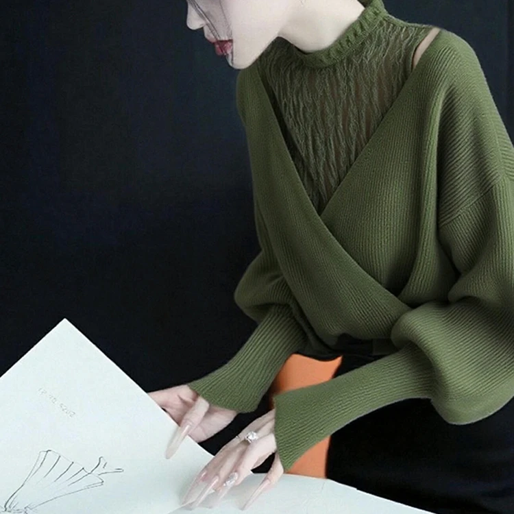 小众设计感绿色蕾丝拼接针织衫女2025秋季气质高级感百搭显瘦毛衣