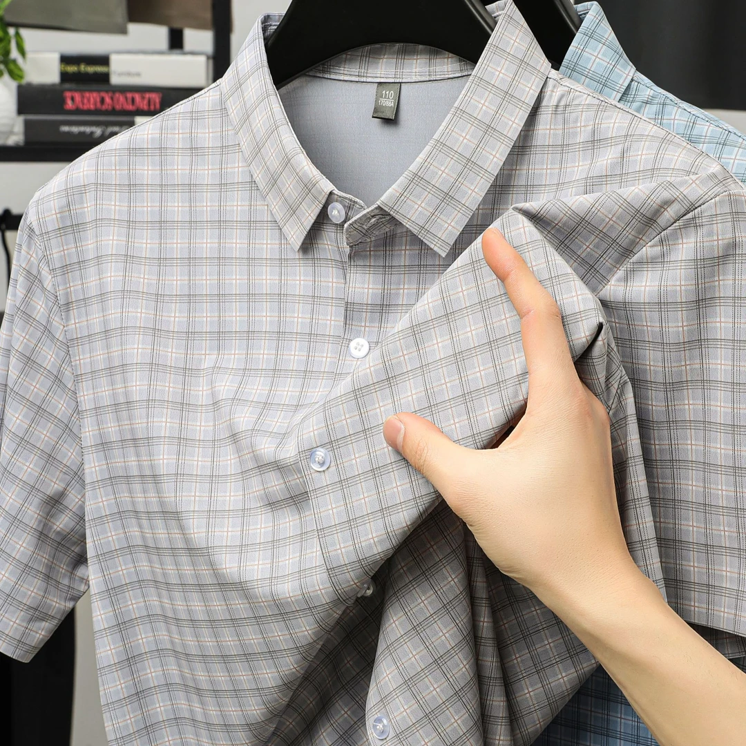 夏季短袖衬衫男士免烫抗皱薄款休闲潮流2025新款中年格子衬衣半袖