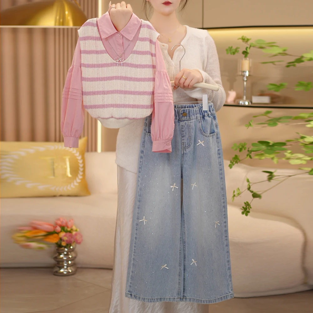 【闺蜜家】女童2025春季新款条纹针织毛衣马甲衬衫+牛仔裤套装-8120