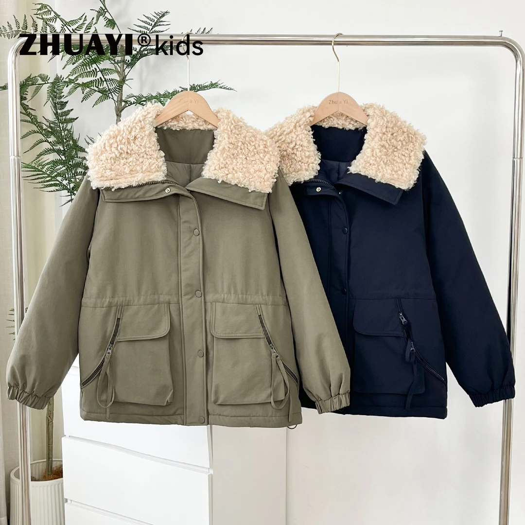 女童毛领翻领外套夹棉加厚2025新款棉服保暖洋气冬装（25402347）1