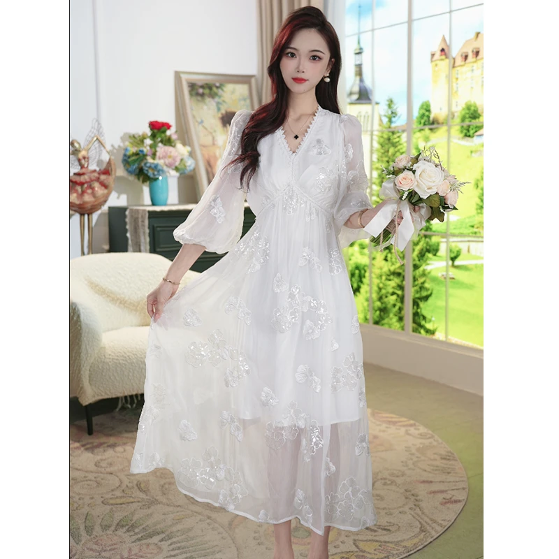 VELVETINE绒雅立体花网纱蕾丝连衣裙法式浪漫度假裙子8252685