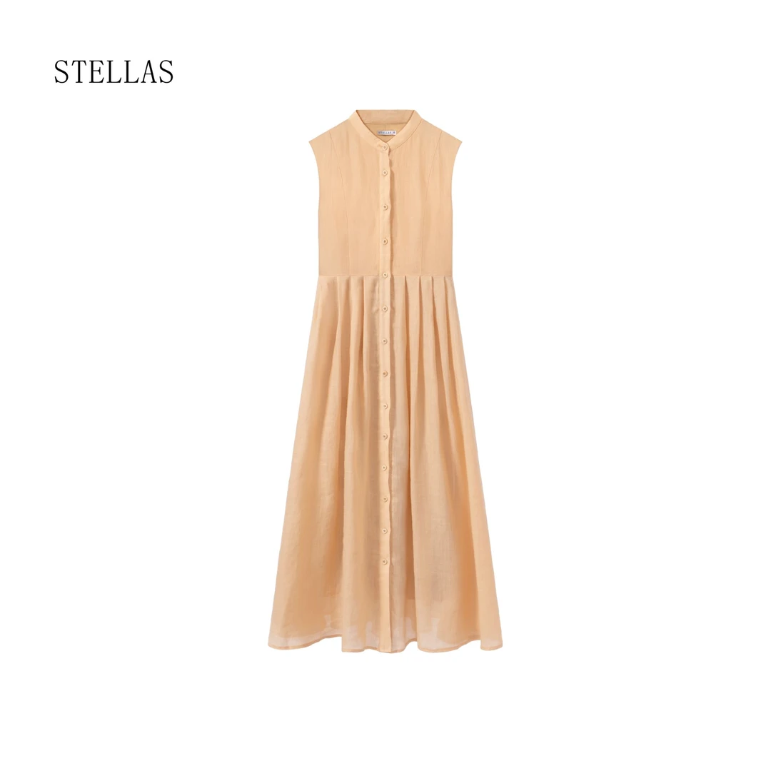 STELLAS 【暖橙】清爽苎麻 立体单排扣收腰连衣裙