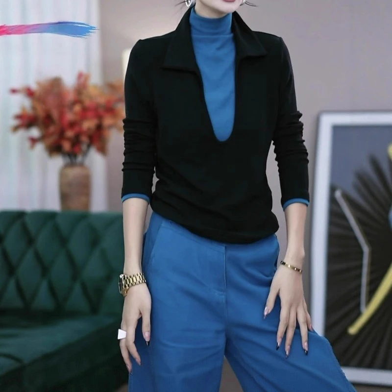 撞色假两件高领长袖T恤女秋冬新款胖MM大码女装百搭显瘦打底上衣