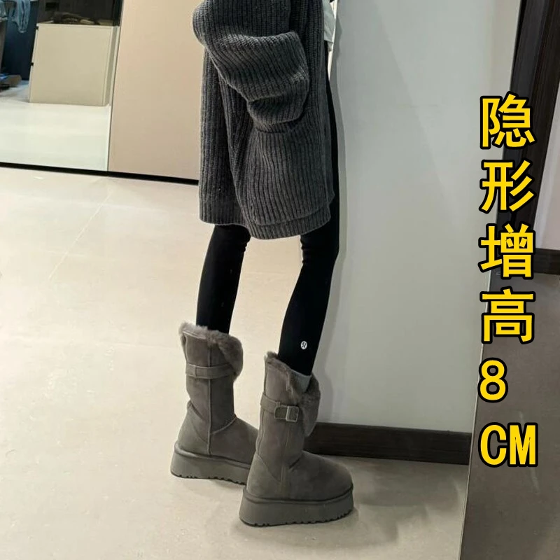 灰色两穿雪地靴女款冬季厚底8cm内增高长筒高筒东北零下40度靴子