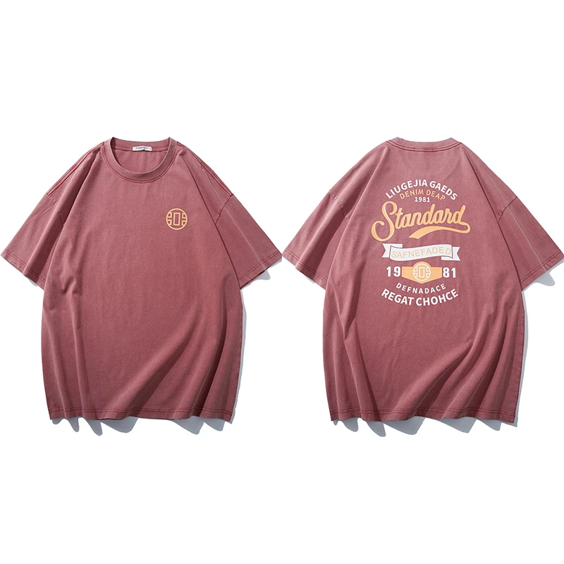 LIUGEJIA/六个加潮牌大码男士字母印花做旧男士亮色T恤T176107