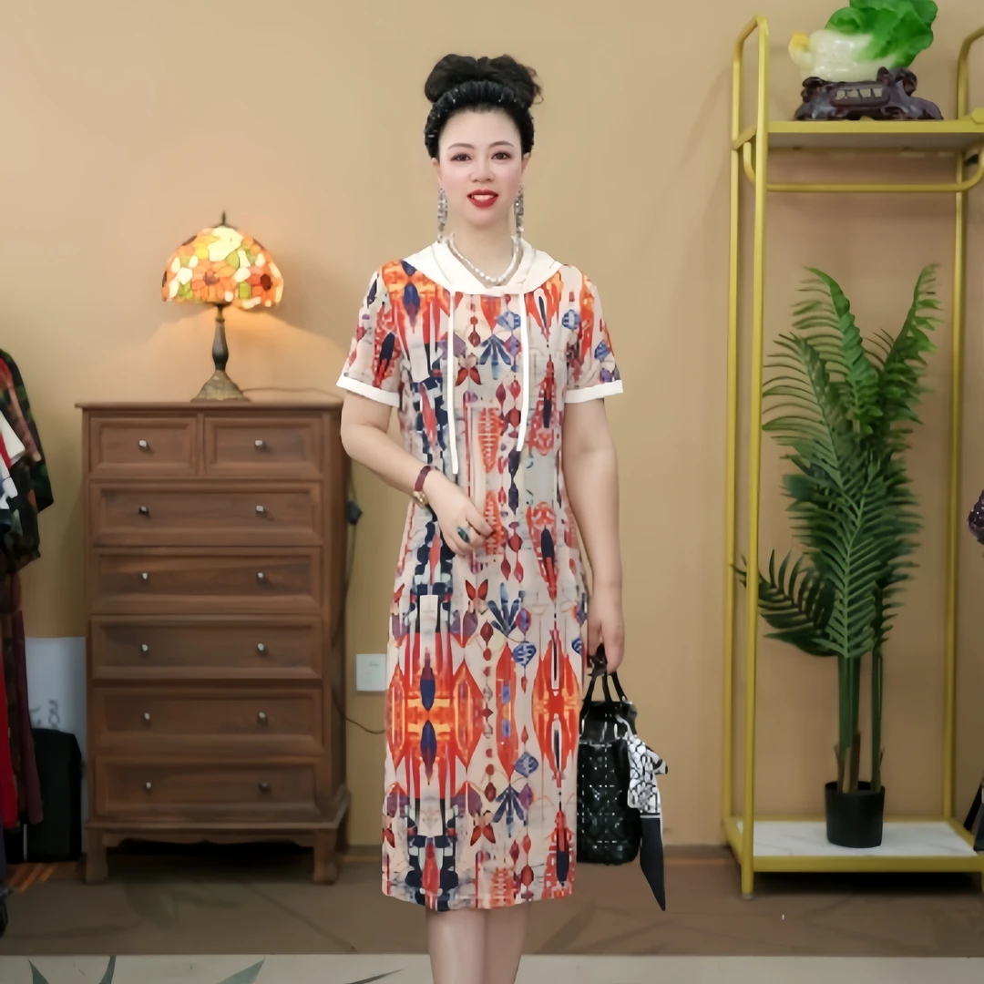 52286  连帽A字裙夏季短袖休闲风连衣裙时尚印花气质宽松中长款