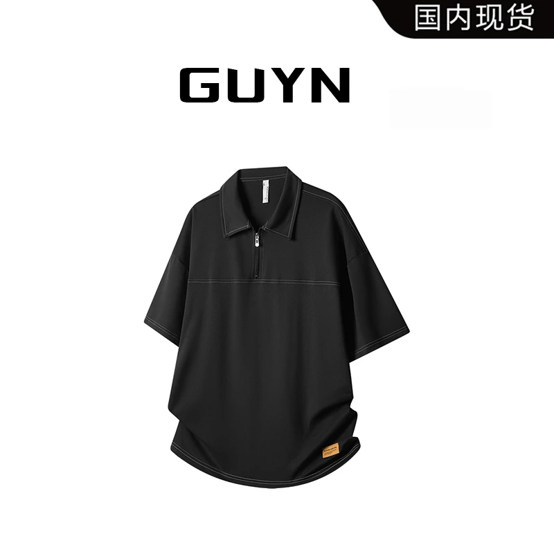 【品牌现货】GUYN夏季新款半拉链设计感宽松休闲POLO衫男士短袖上衣