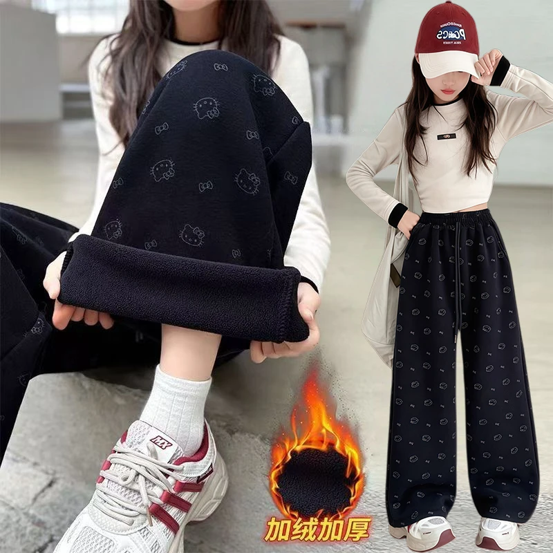 女童冬装加绒裤子2025秋冬款儿童装韩范休闲裤加厚炸街潮服阔腿裤