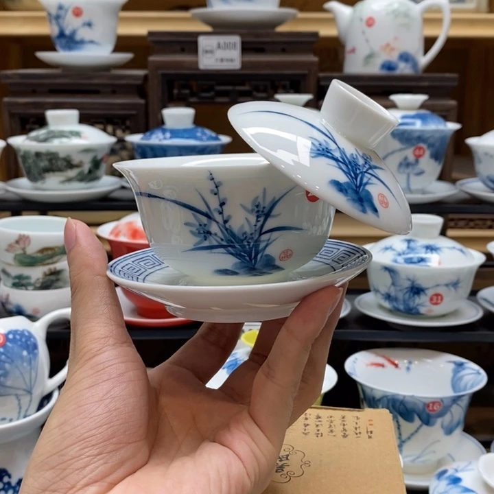 手绘兰花悬停盖碗150cc釉下彩微瑕福利款