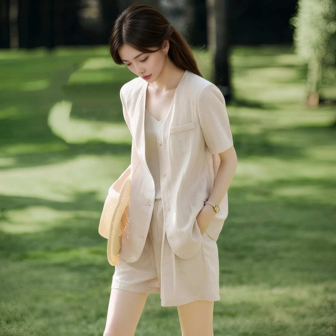 韩版无领短袖西装外套套装女2025夏季新款休闲松弛阔腿短裤两件套