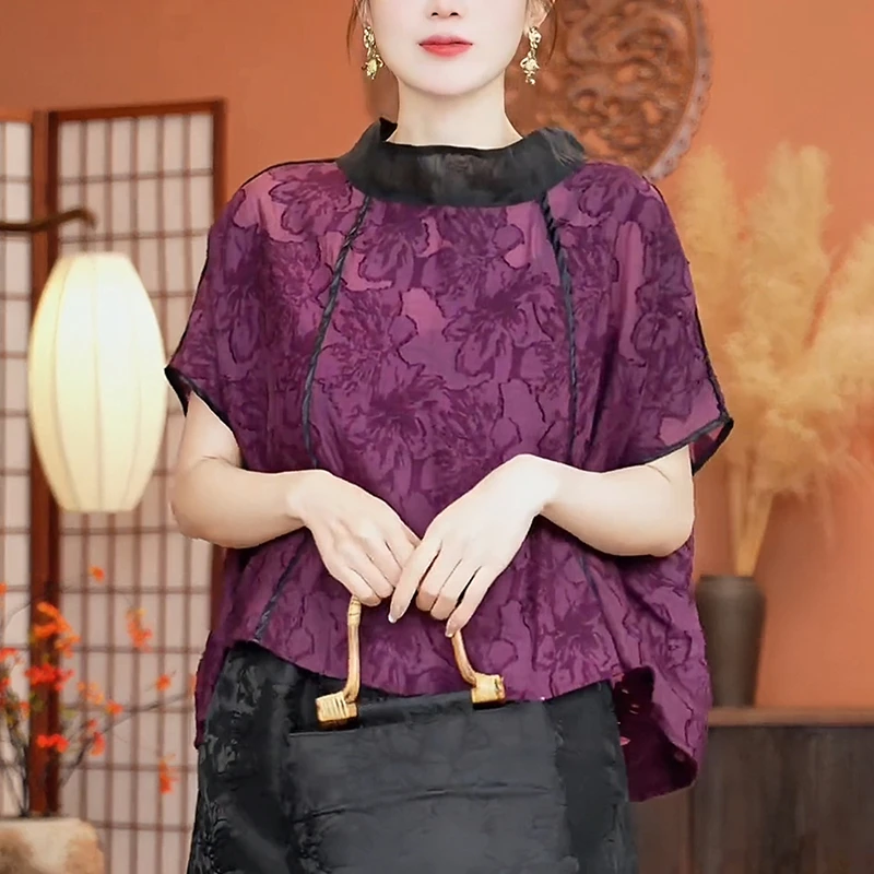2025夏季新款紫色短袖衬衫女时尚显瘦减龄新中式网纱拼接立领上衣