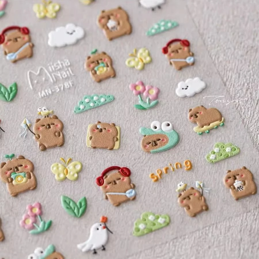 新款卡皮巴拉可立体爱美甲贴纸卡通浮雕指甲贴纸豚鼠背胶美甲饰品