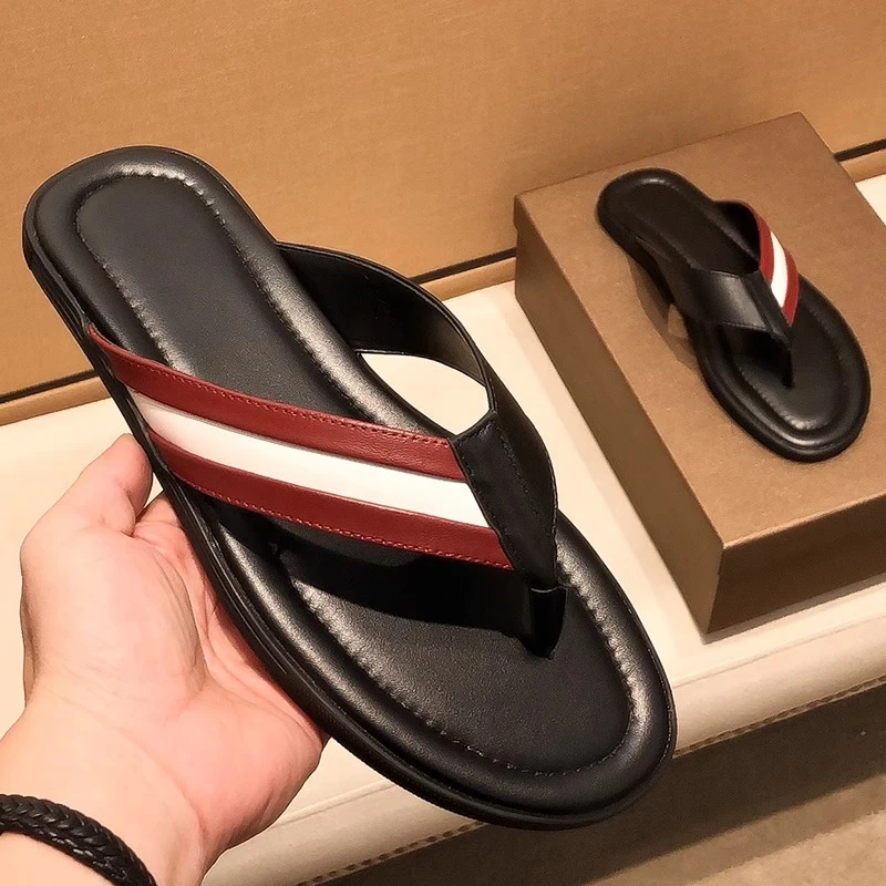 吉伦略索夏季人字拖男士高端真皮休闲夹脚时尚条纹拖鞋防滑防臭潮