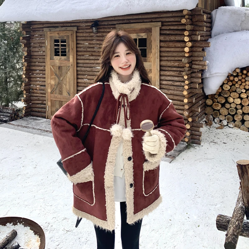 圣诞新年红色韩系立领皮毛一体女冬季新款保暖加厚羊羔毛外套