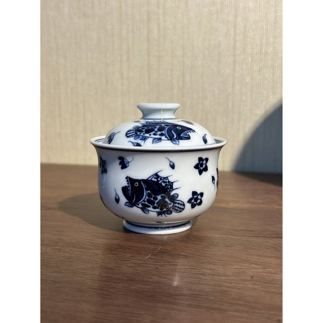 青花桃花鱼纹二才盖碗功夫茶具品茗杯套装