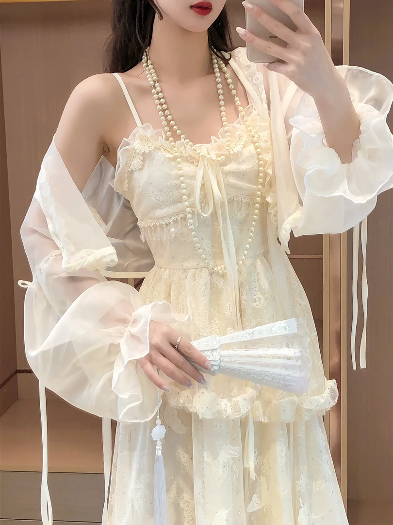 艾日秀夏季洋气财阀千金老钱不规则珍珠流苏连衣裙开衫套装 F0371