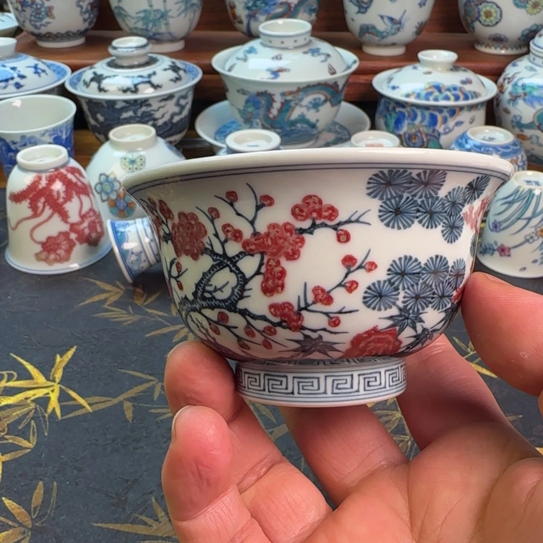 釉里红岁寒三友大压手