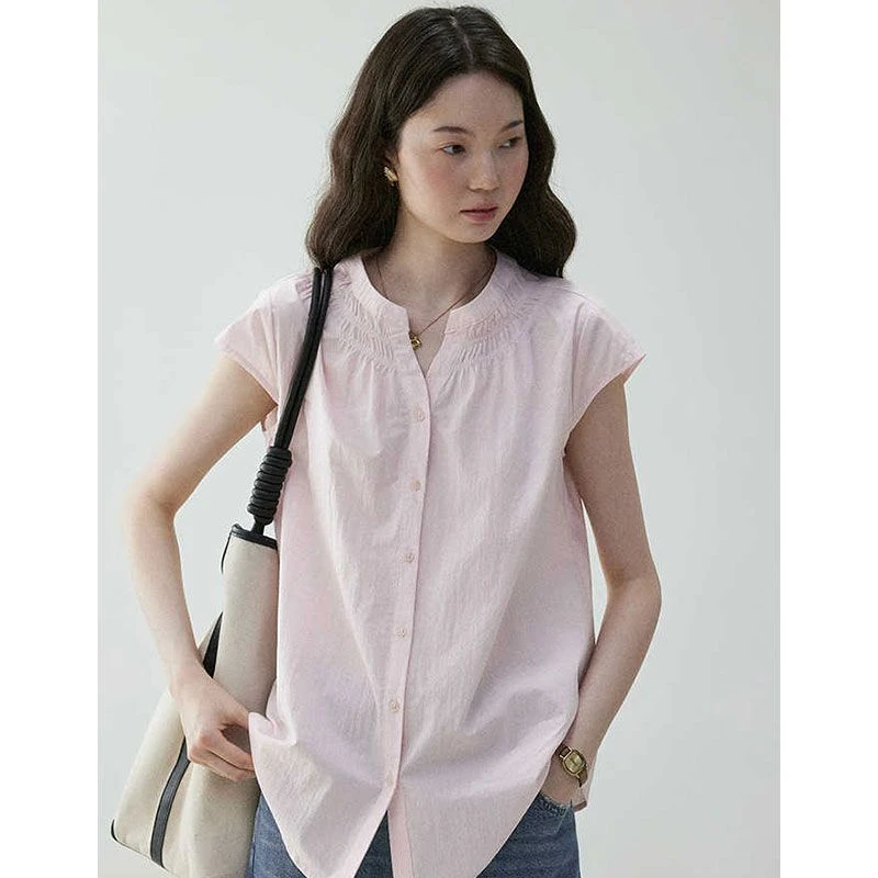法式粉色圆领压褶小飞袖通勤衬衫衬衣女2025夏季宽松休闲显瘦上衣