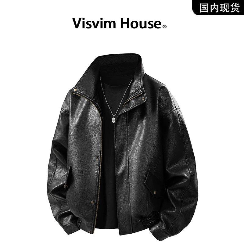 【品牌现货撤柜】VISVIM HOUSE春秋季痞帅立领机车PU皮衣夹克外套男