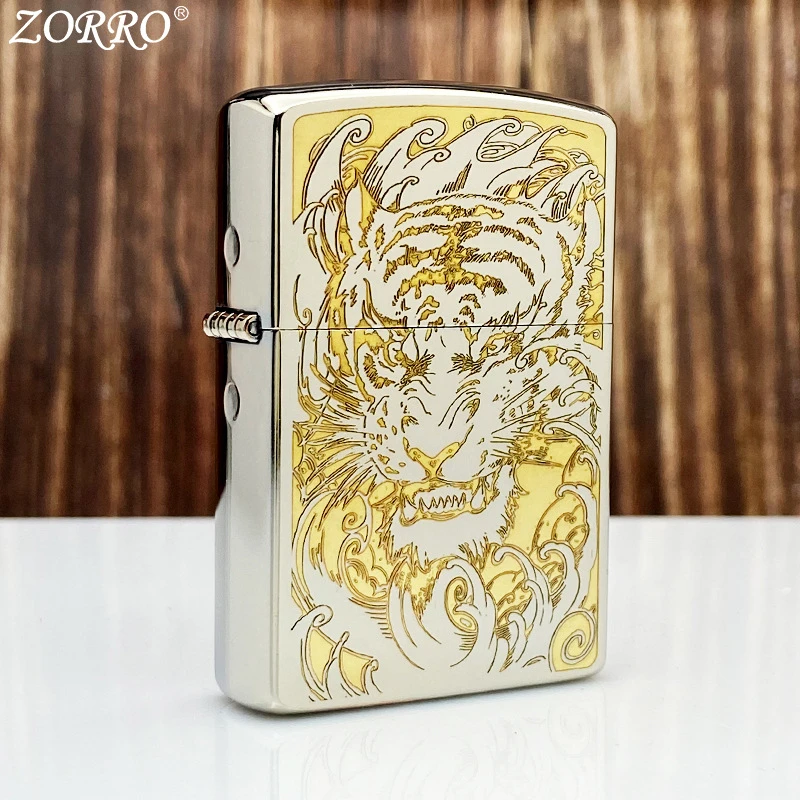 正品ZORRO佐罗黄铜亮铬双色虎头利爪煤油打火机镜【需自配油】